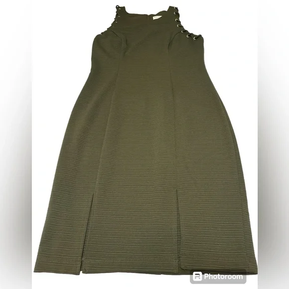 Bisou Bisou Green Ribbed Sleeveless Sheath Dress Lace Up Grommet Detail Sz 12 - Picture 4 of 12